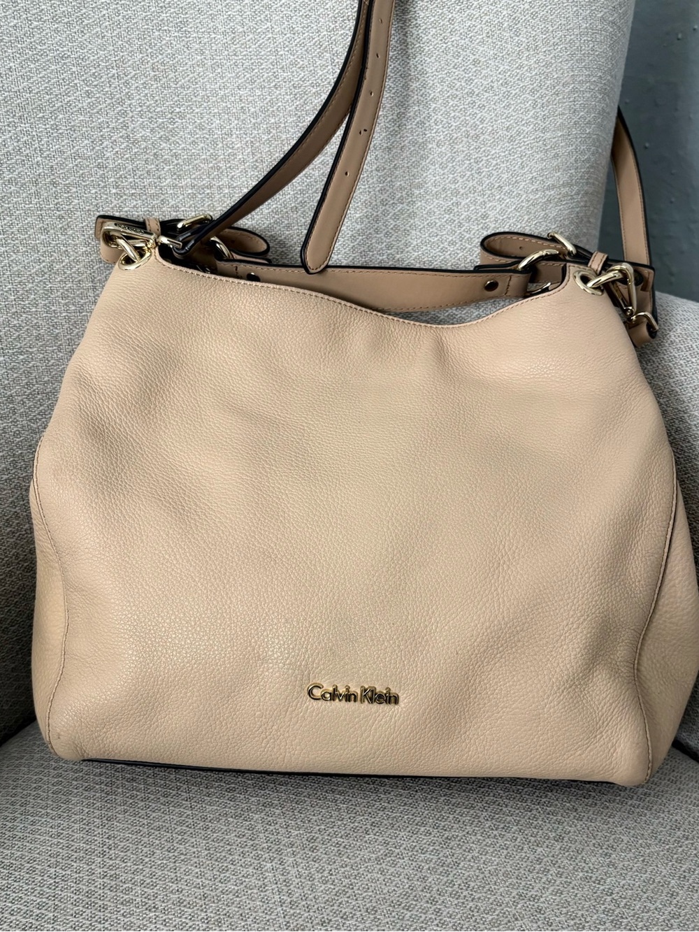 Calvin Klein Pebbled Leather Shoulder Bag in Light Beige